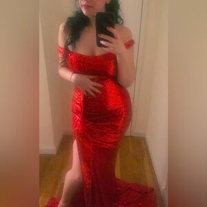 Hot Miami Styles Mermaid Red Sequin Maxi Thigh Slit Dress Size Small